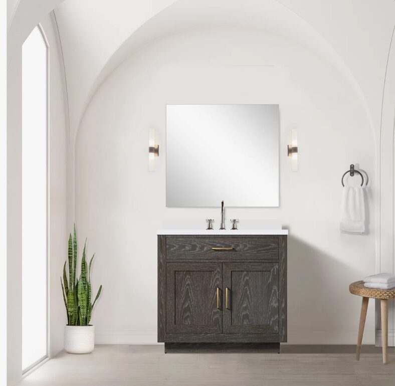 Contemporary Weathered Wood Bathroom Vanity Spacious Storage & Premium Gold Accents