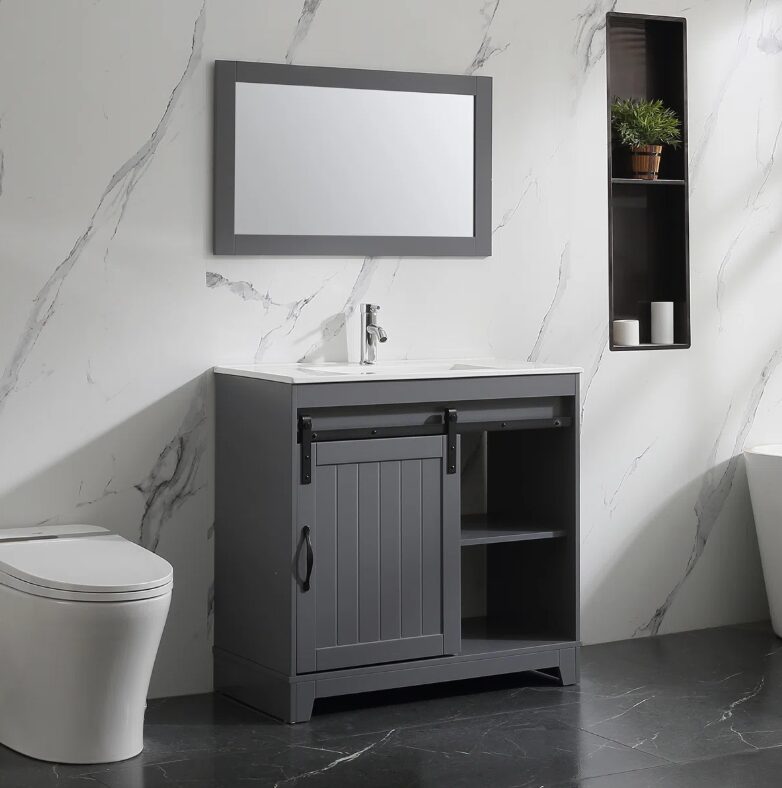 5 Rustic Farmhouse Grey Sliding Barn Door Vanity Spacious Dual Storage Design