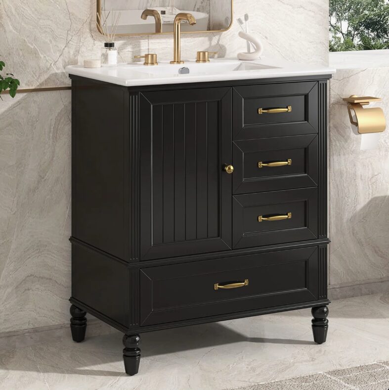 5 Vintage Traditional Black Bathroom Vanity Soft Close Drawers Large Split Storage Layout