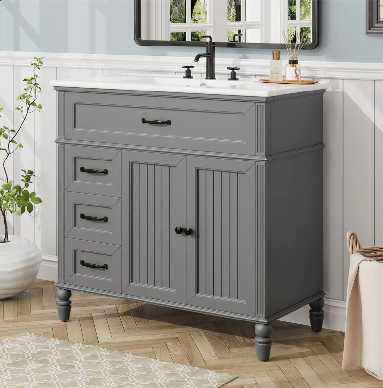 5 Cottage Style Grey Beadboard Bathroom Vanity Soft Close Drawers Split Organized Storage Layout