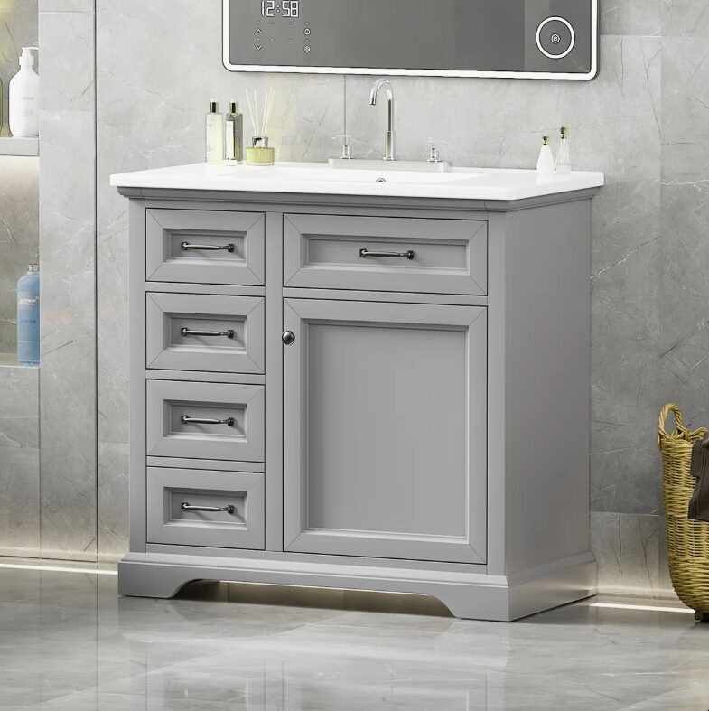 5 Classic Shaker Grey Bathroom Vanity Soft Close Drawers Multi-Zone Organized Storage