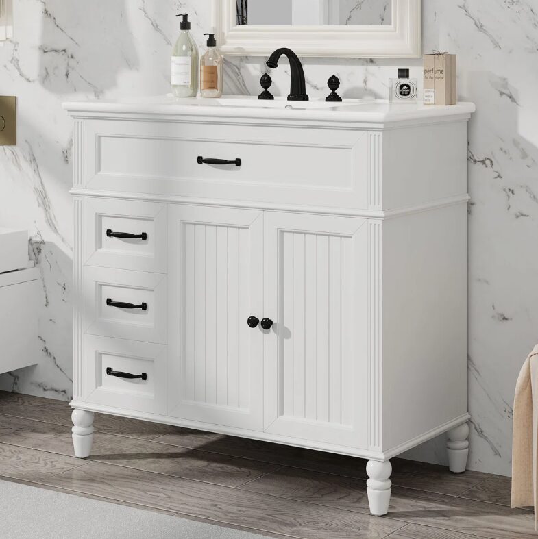 5 36" Freestanding White Farmhouse Bathroom Vanity with Multi-Drawer & Double Cabinet Doors