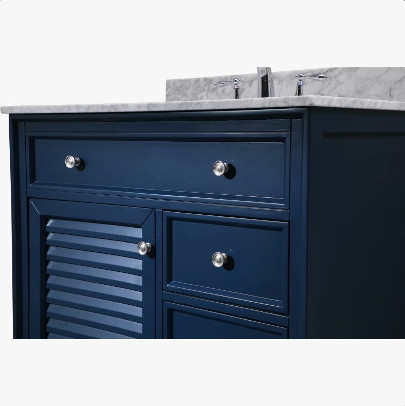Coastal Navy Louver Bathroom Vanity Soft Close Drawers Multi-Zone Storage Layout
