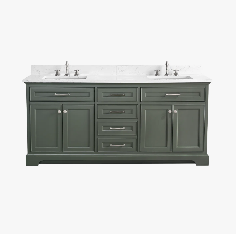 Traditional Sage Green Double Sink Vanity Soft Close Drawers & Spacious Side Cabinet Storage
