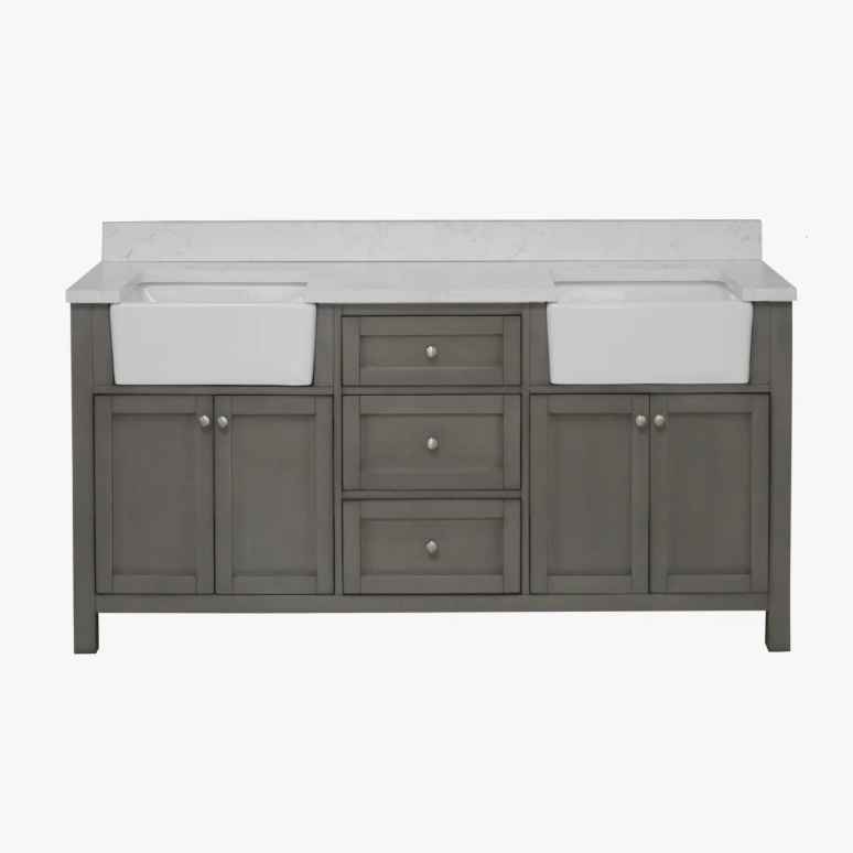 72" Freestanding Grey Double Farm Sink Vanity Cabinet with Symmetrical Storage