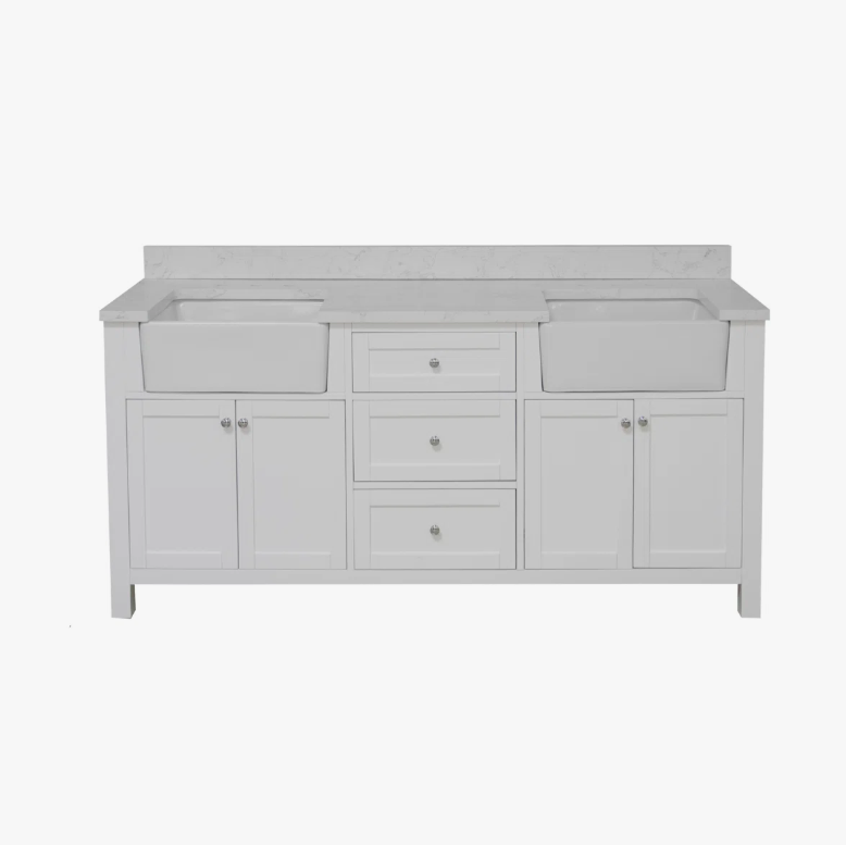 72" Freestanding White Double Farm Sink Vanity Cabinet with Symmetrical Storage