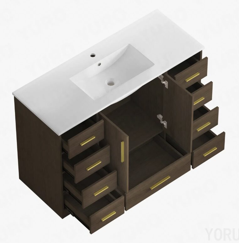 Contemporary Walnut Bathroom Vanity with Ample Divided Storage for Master Bath Remodel