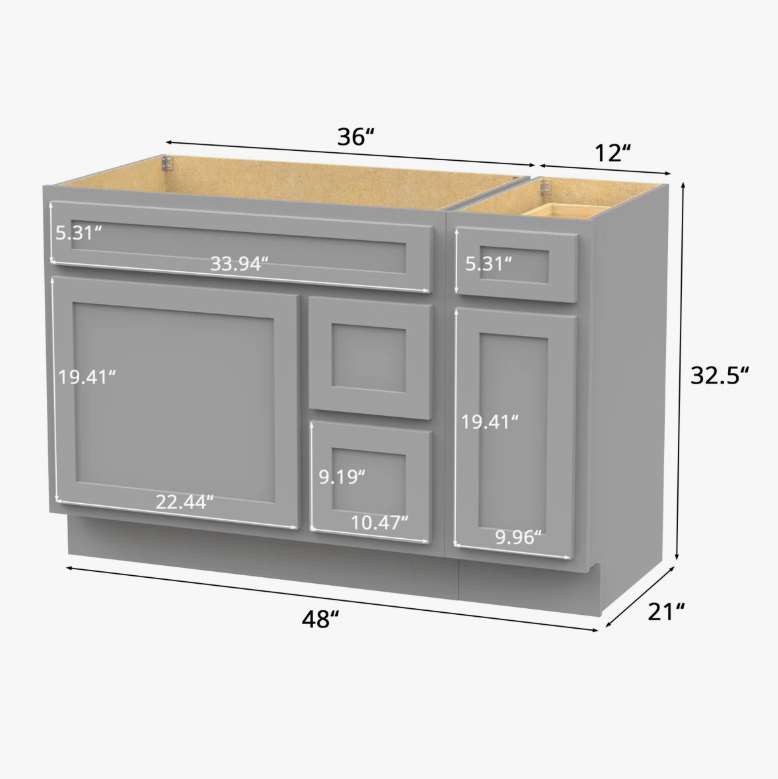 Neutral Light Grey Shaker Vanity Base Cabinet with Divided Storage for Bath Renovation