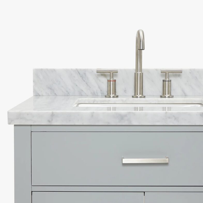 72 Inch Light Gray Shaker Double Sink Bathroom Vanity, Carrara White Marble Countertop & Brushed Nickel Hardware