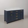 6 60 Inch Navy Blue Shaker Double Sink Bathroom Vanity, Carrara White Marble Top & Brushed Gold Hardware