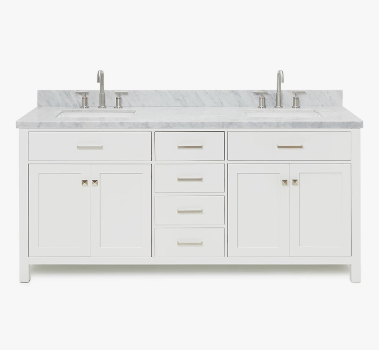 72 Inch Pure White Shaker Double Sink Bathroom Vanity with Carrara White Marble Top & Brushed Nickel Pulls
