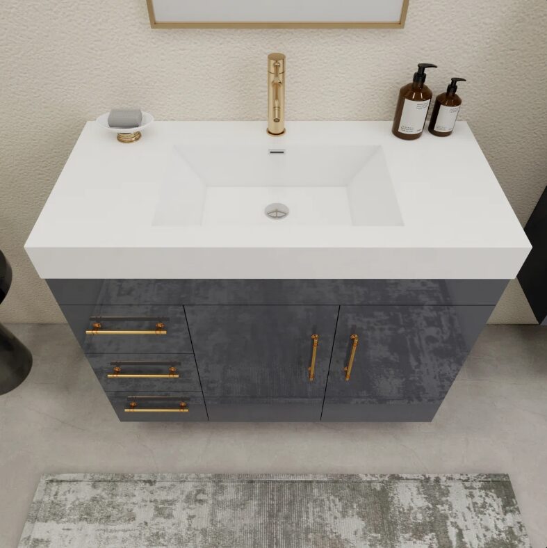 6 Luxury Dark Grey Gloss Vanity Cabinet with Soft-Close Storage for Modern Bathroom Renovation