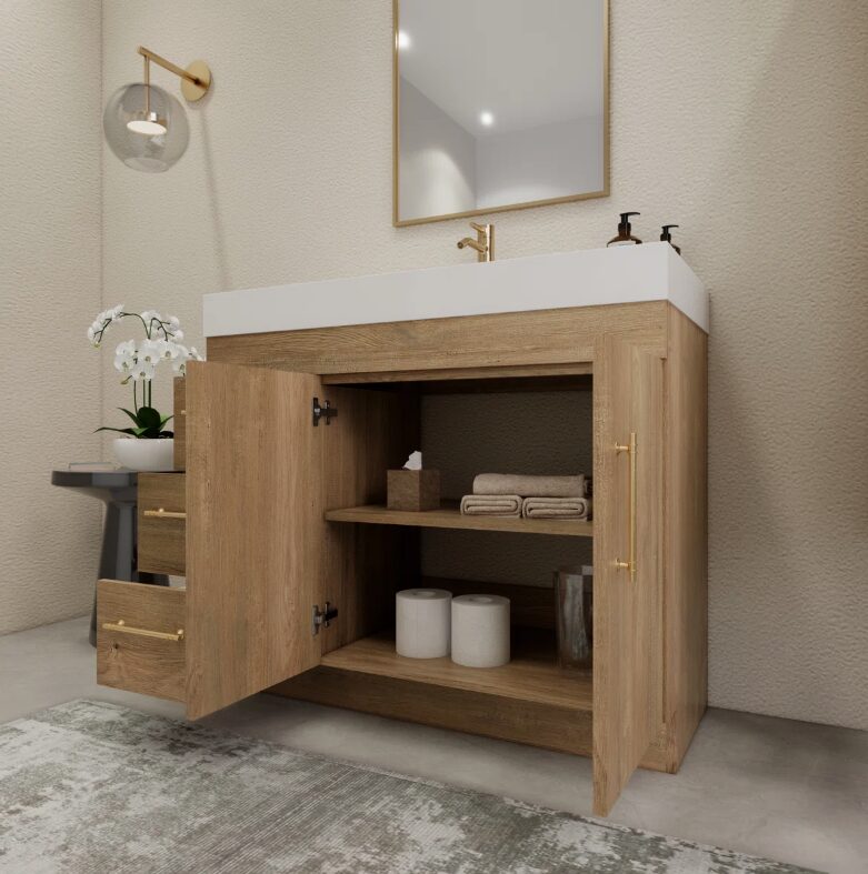 Farmhouse Oak Vanity Cabinet with Soft-Close Storage for Scandinavian & Rustic Bathroom Renovation