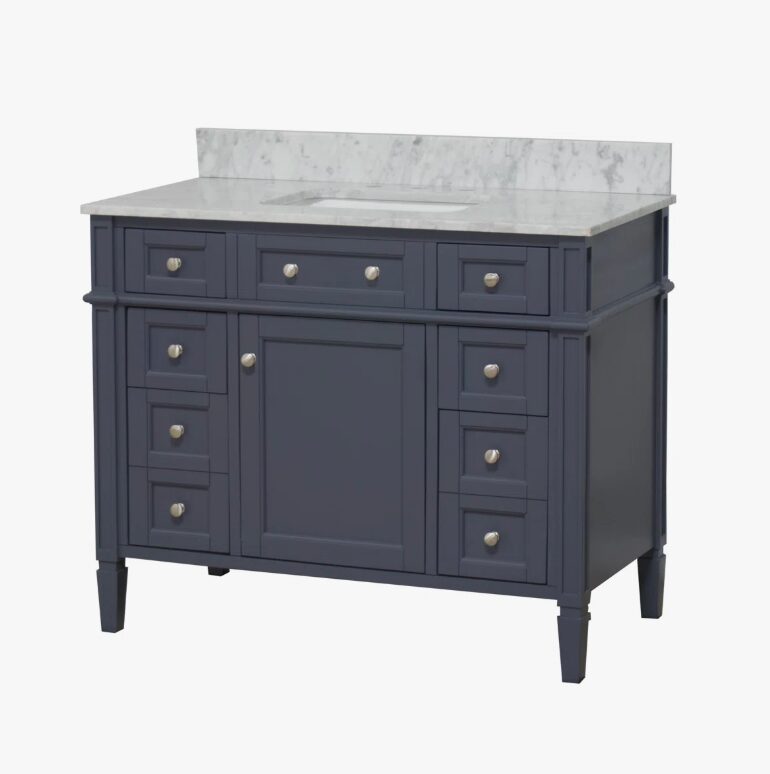 6 Classic Navy Solid Wood Vanity Cabinet with Carrara Countertop for Traditional & Farmhouse Bath Renovation