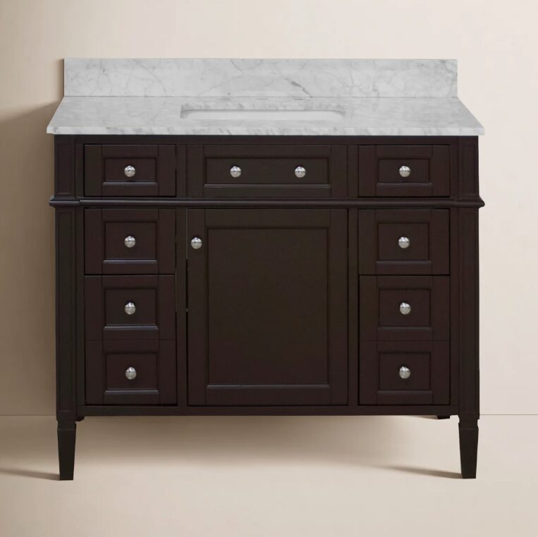 Classic Espresso Wooden Vanity Cabinet with Carrara Marble Top for Farmhouse & Transitional Bath Renovation