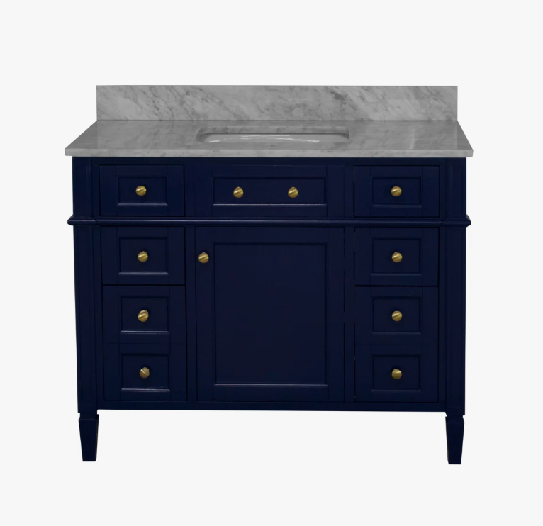 Modern Navy Wooden Vanity Cabinet with Carrara Marble Top for Transitional & Farmhouse Bath Remodel