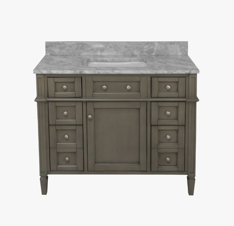 Neutral Grey Wooden Vanity Cabinet with Carrara Marble Top for Transitional & Farmhouse Bath Remodel