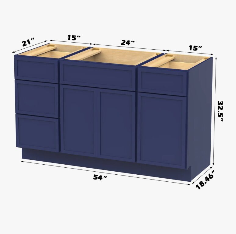 Spacious Navy Double Sink Vanity Base Cabinet with Full Soft-Close Storage for Master Bath Remodel