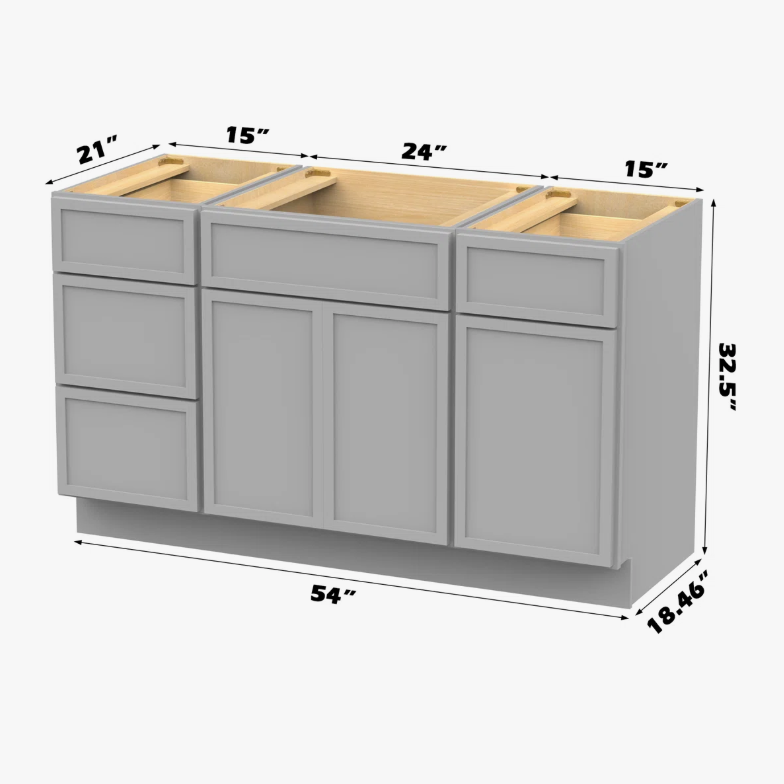 Neutral Light Gray Double Sink Vanity Base Cabinet with Full Soft-Close Storage for Master Bath Remodel