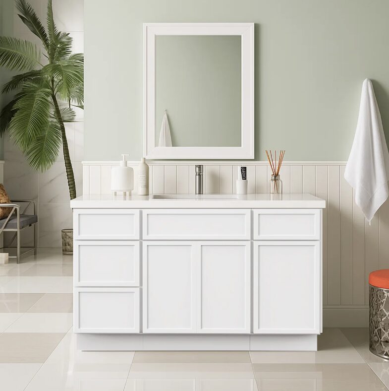 6 Bright White Double Sink Vanity Base Cabinet with Full Soft-Close Storage for Master Bath Renovation