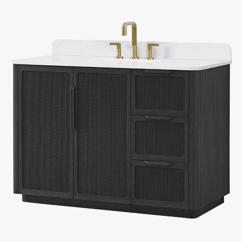 48" Black Rattan Complete Bathroom Vanity Set with Quartz Countertop