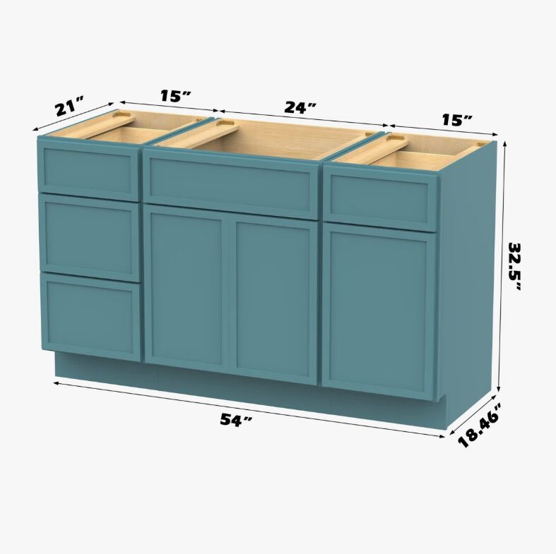 Vibrant Teal Double Sink Vanity Base Cabinet with Full Soft-Close Storage for Master Bath Remodel