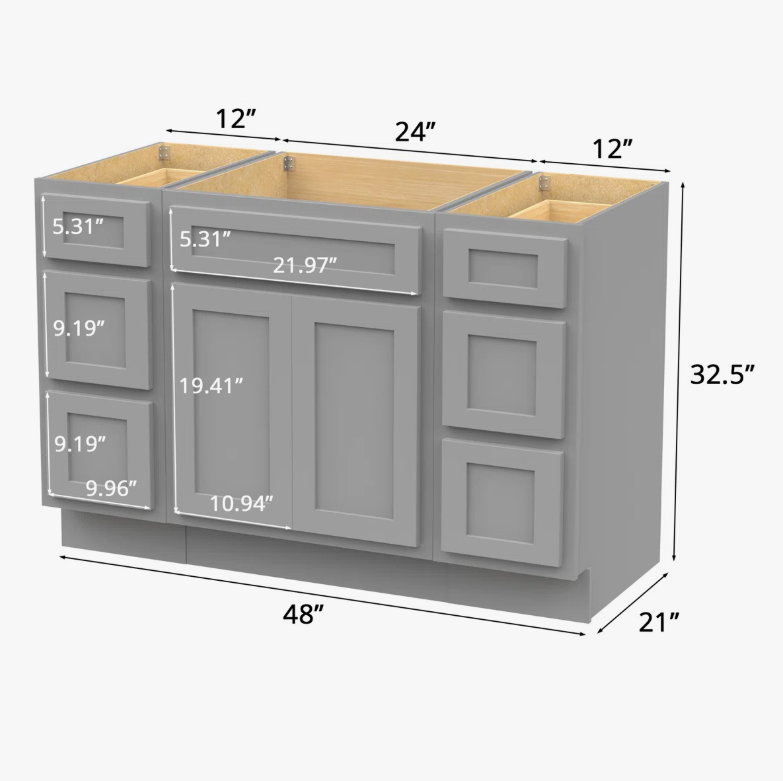 Light Gray Shaker Vanity Base Cabinet with Spacious Silent Soft-Close Storage