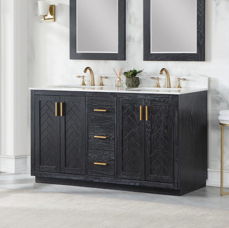 60 Inch Black Herringbone Wood Double Sink Bathroom Vanity, White Engineered Stone Top & Brushed Gold Bar Pulls