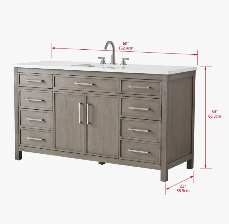 60 Inch Weathered Grey Single Sink Bathroom Vanity, White Marble Countertop & Brushed Nickel Hardware
