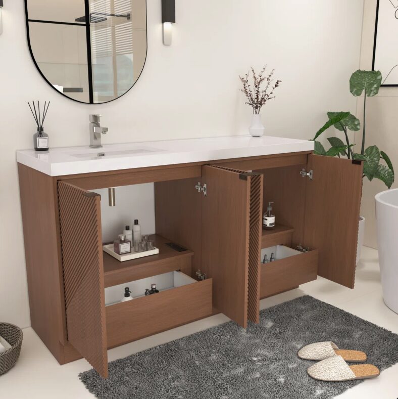 60 Inch Walnut Geometric Fluted Single Sink Floating Bathroom Vanity with Solid White Quartz Top