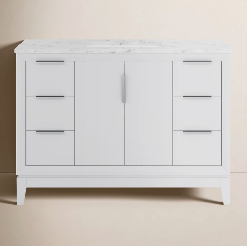 Minimalist White Bathroom Vanity with Silver Hardware, Spacious Soft-Close Storage & Marble Top