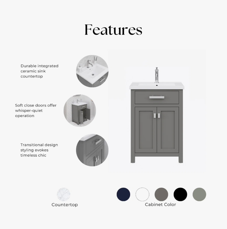 6 Compact Gray Shaker Bathroom Vanity with Single Drawer & Double Storage Doors