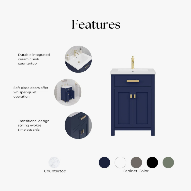 6 Luxury Navy Shaker Bathroom Vanity with Single Drawer & Double Storage Doors