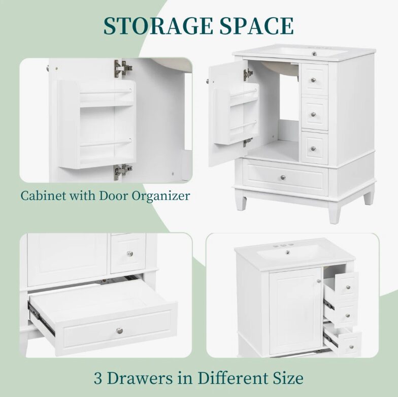 6 Organized Storage White Bathroom Vanity with Soft-Close Drawers & Door Storage Rack