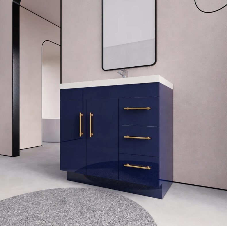 Luxury Gloss Navy Bathroom Vanity with Split Storage Zones & Soft-Close System
