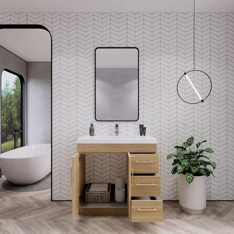 Dual-Zone Storage Oak Bathroom Vanity with Full Soft-Close Drawers & Cabinet Doors
