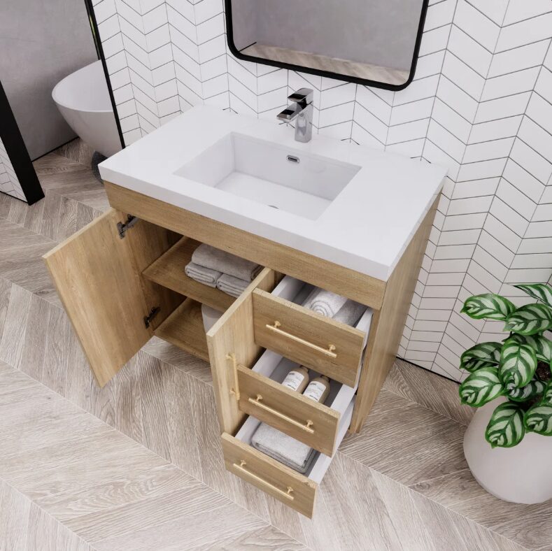 6 Multi-Storage Oak Bathroom Vanity with Soft-Close Drawers & Door, Gold Bar Hardware