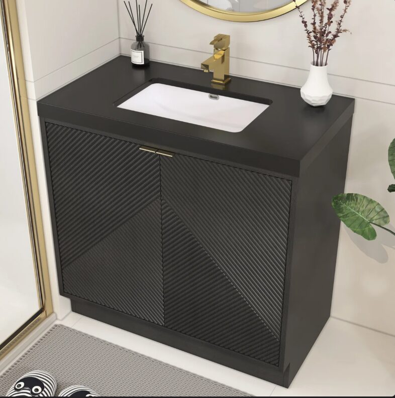 Contemporary Ribbed Black Bathroom Vanity with Full Soft-Close Mechanism & Adjustable Shelf