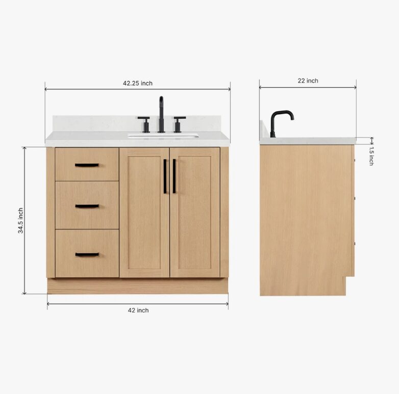 Contemporary Light Oak Wood Bathroom Vanity with Full Soft-Close Hardware & Solid Pine Drawer Boxes
