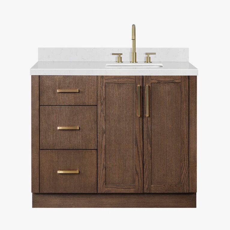 Transitional Walnut Wood Bathroom Vanity with Full Soft-Close Hardware & Solid Pine Drawer Boxes