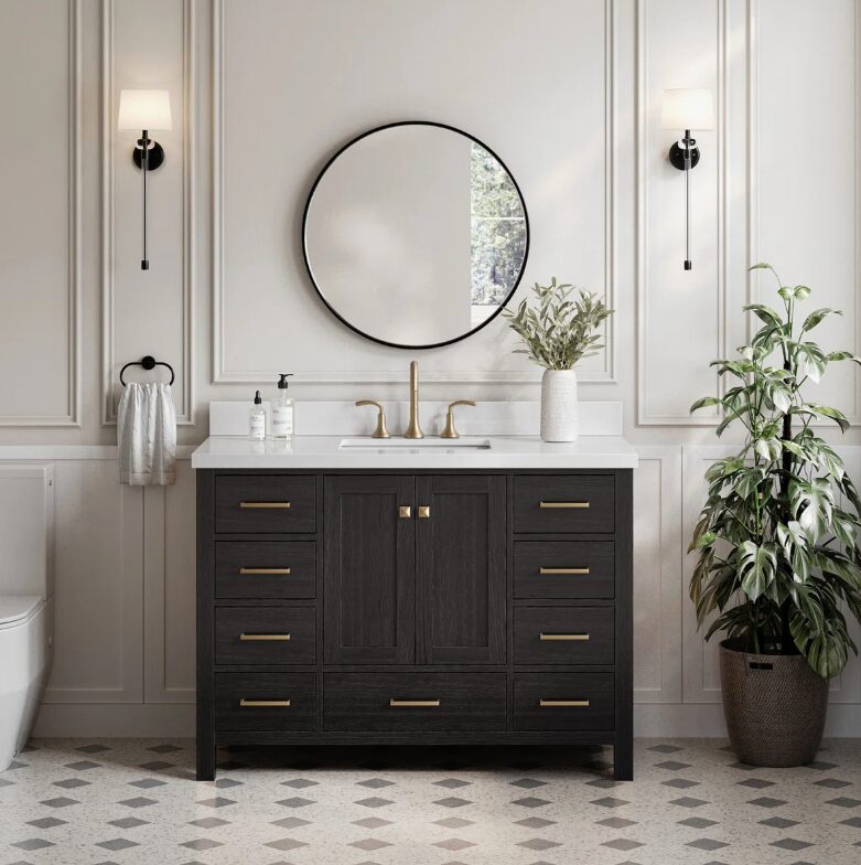 6 Rustic Black Oak Bathroom Vanity with Full Soft-Close Slides & Spacious Classified Storage