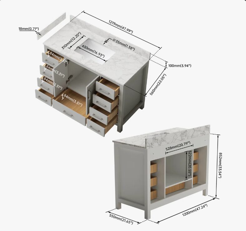 6 48" Modern White Bathroom Vanity Cabinet with Brushed Nickel Pulls & Symmetric Multi-Drawer Storage
