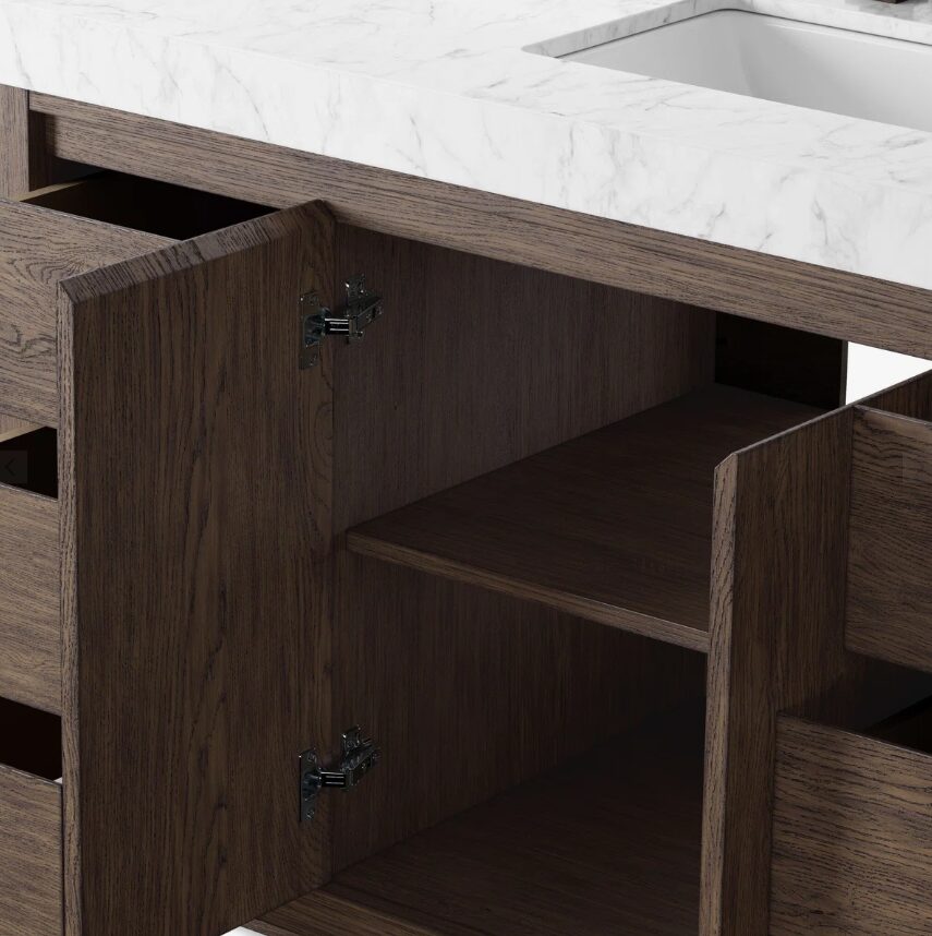 Contemporary Dark Oak Single Sink Vanity with Full Soft-Close Hardware & Large Internal Shelving