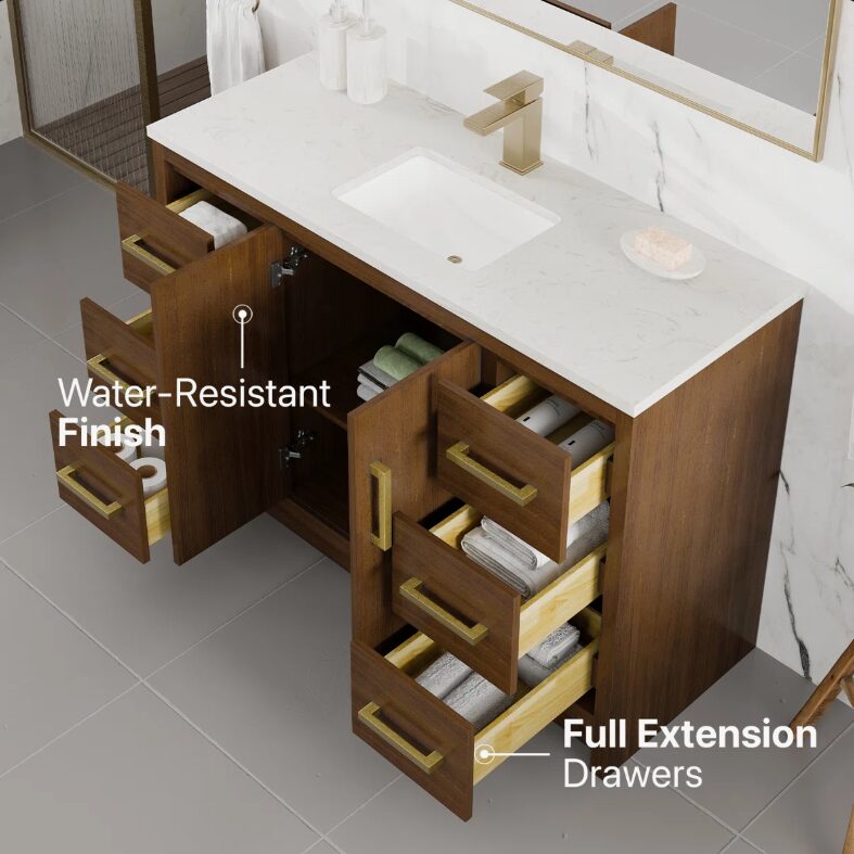 6 Modern Walnut Bathroom Vanity Soft Close Drawers Open Back Design for Easy Plumbing Access
