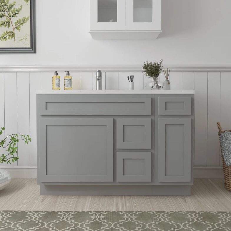 Neutral Light Grey Shaker Vanity Base Cabinet with Divided Storage for Bath Renovation