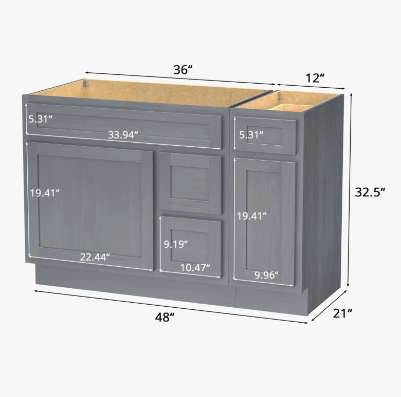 Neutral Grey Wood Shaker Vanity Base with Multi-Zone Storage for Bath Remodel