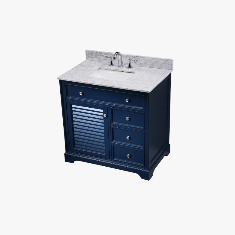 Coastal Navy Louver Bathroom Vanity Soft Close Drawers Multi-Zone Storage Layout