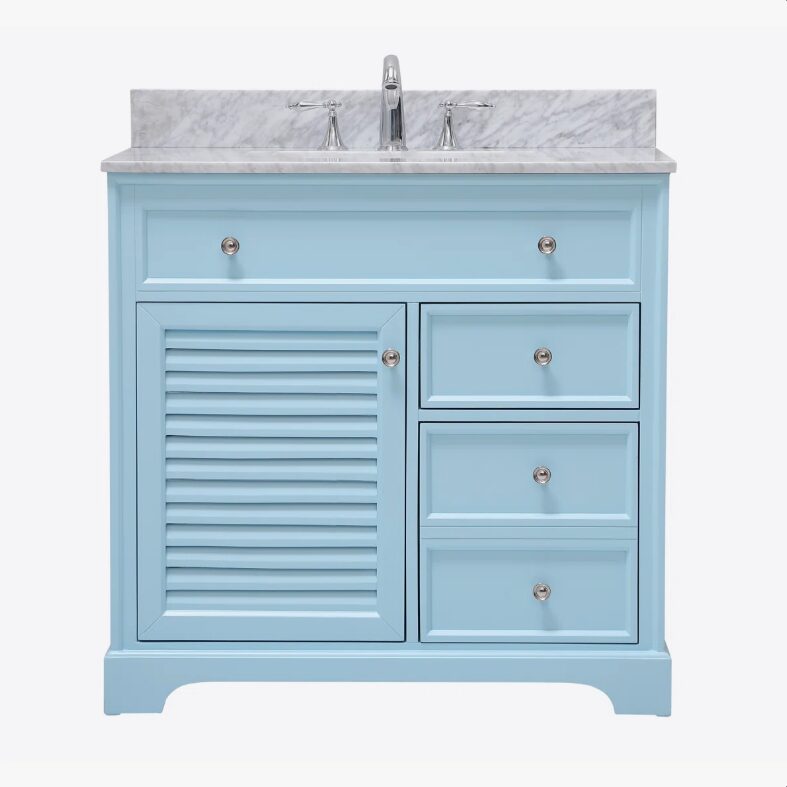 6 Pastel Blue Louver Bathroom Vanity Soft Close Drawers Multi-Zone Organized Storage Layout