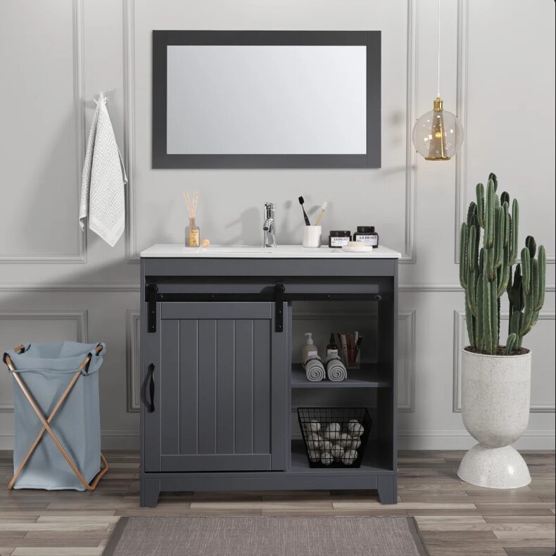 6 Rustic Farmhouse Grey Sliding Barn Door Vanity Spacious Dual Storage Design