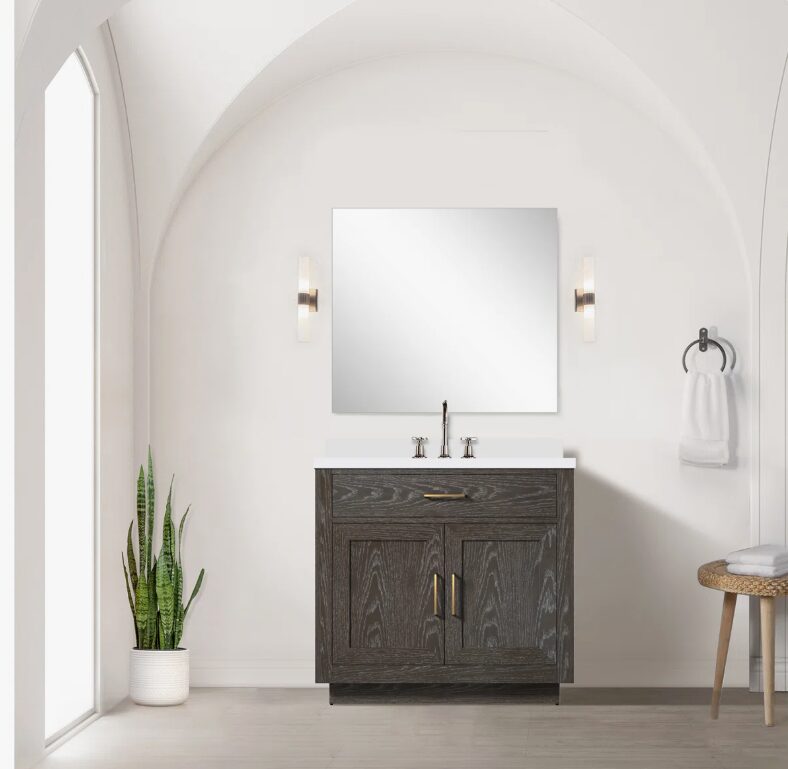 6 Contemporary Dark Wood Grain Bathroom Vanity Soft Close Doors Spacious Organized Storage